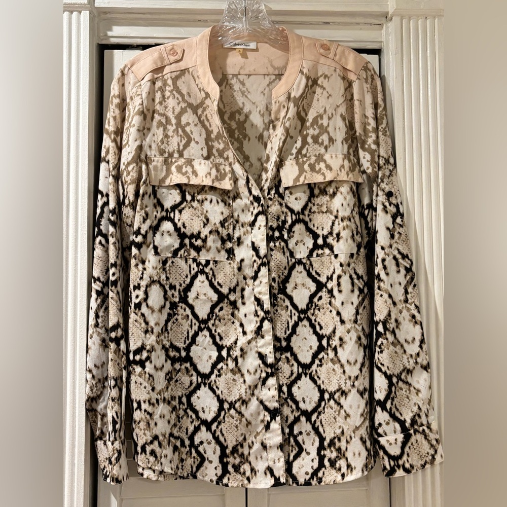Calvin Klein Beige and Black Snake Print Button Down Shirt